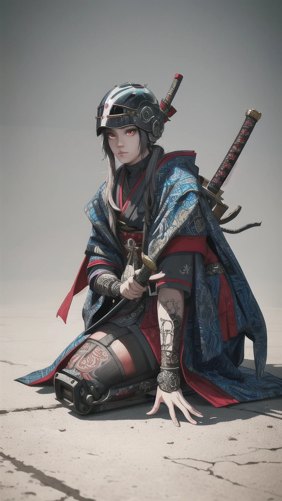 Versão hiper-realista de uma mulher ajoelhada com uma espada na mão, very beautiful samurai ciberpunk, anime ciberpunk art, samurai ciberpunk, arte de anime cyberpunk, anime ciberpunk, sociedade cg 9, digital arte de anime cyberpunk, estilo de maciej kuciara.1 garota, Armadura Samurai, capacete oni máscara do mal,Intrincado, ornamentos detalhados, cores frias, metal, detalhe egípcio, highly Intrincado details, luz realista, tendências na CGSociety, olhos brilhantes, câmera de frente, detalhes de néon, detalhes ultra realistas, retrato de corpo inteiro, atmosfera japonesa, Iluminação global, sombras, renderização de octanagem, 8K, ultra nítido.cool lolita. 