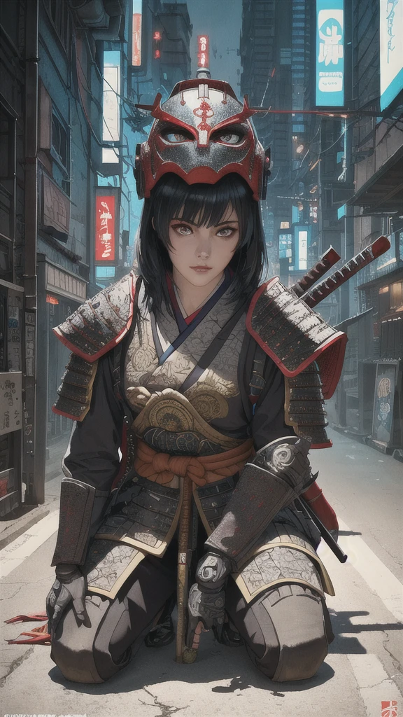 Versão hiper-realista de uma mulher ajoelhada com uma espada na mão, very beautiful samurai ciberpunk, anime ciberpunk art, samurai ciberpunk, arte de anime cyberpunk, anime ciberpunk, sociedade cg 9, digital arte de anime cyberpunk, estilo de maciej kuciara.1 garota, Armadura Samurai, capacete oni máscara do mal,Intrincado, ornamentos detalhados, cores frias, metal, detalhe egípcio, highly Intrincado details, luz realista, tendências na CGSociety, olhos brilhantes, câmera de frente, detalhes de néon, detalhes ultra realistas, retrato de corpo inteiro, atmosfera japonesa, Iluminação global, sombras, renderização de octanagem, 8K, ultra nítido.cool lolita. 