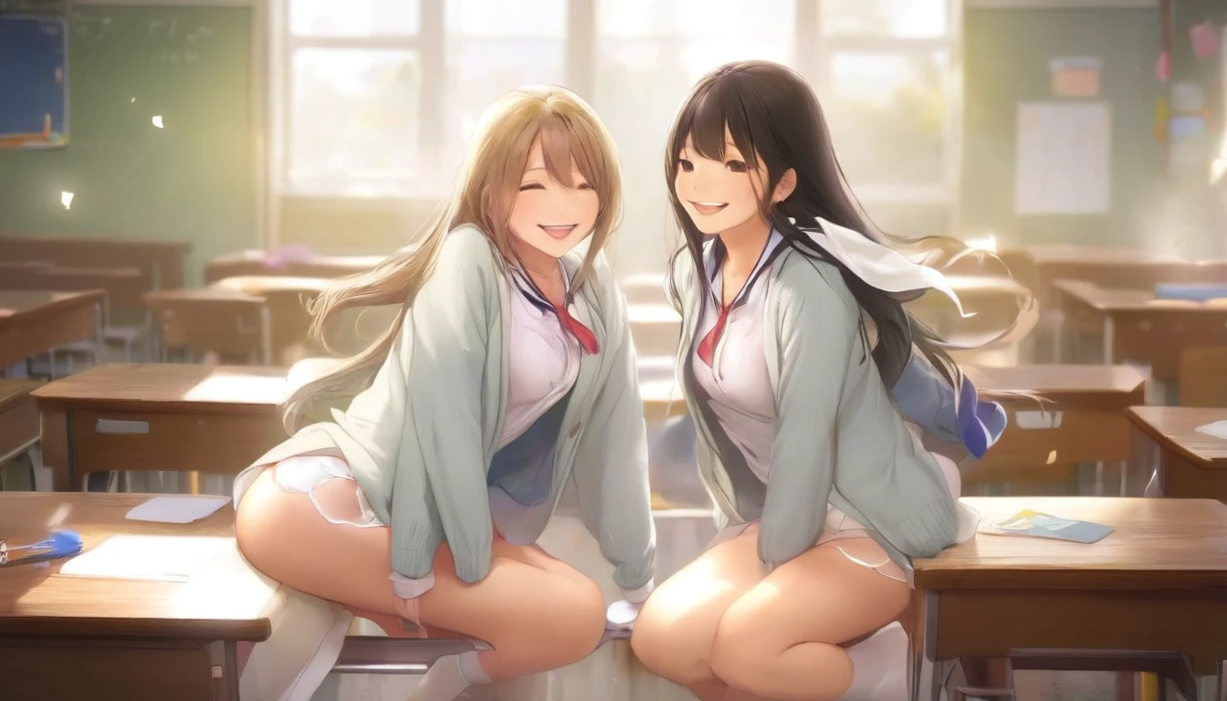 highest quality,masterpiece, ((2 girls:1.5)), (cardigan)、eight-headed body, Put your knees on your chest:1.5, (smile:1.5), ((high school student)), ((classroom:1.5)), (White panties:1.5)
