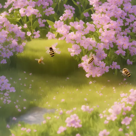 there is a bee flying over a field of flowers with a bee, a 3d render by jeonseok lee, trending on polycount, conceptual art, cu...