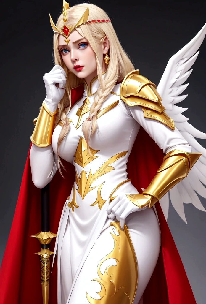 She-Ra and the winged tiara，She was wearing a short white dress decorated with metallic patterns，And a red cape，Golden boots，and long golden wrist guards that extend from the elbow to the wrist。Long blond hair，blue eyes and red lips。 She carries a sword，Crystal inlaid in the middle