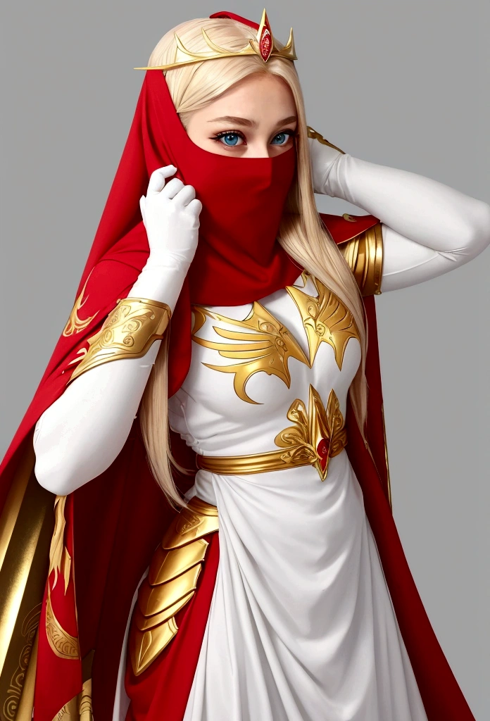 She-Ra and the winged tiara，She was wearing a short white dress decorated with metallic patterns，And a red cape，Golden boots，and long golden wrist guards that extend from the elbow to the wrist。Long blond hair，blue eyes and red lips。 She carries a sword，A veil inlaid with crystals in the middle covers her entire face