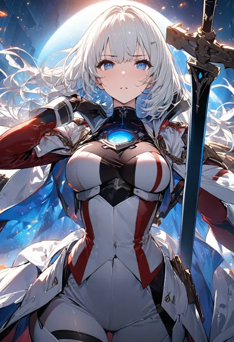 A woman, ((a leader of a fleet of intergalactic armies)), standing amidst the embers of battle, ((her white hair glowing bluish ...