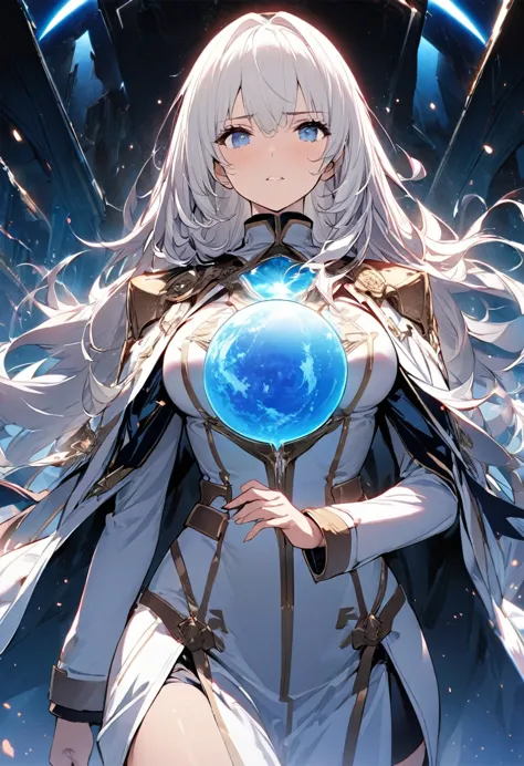 A woman, ((a leader of a fleet of intergalactic armies)), standing amidst the embers of battle, ((her white hair glowing bluish ...