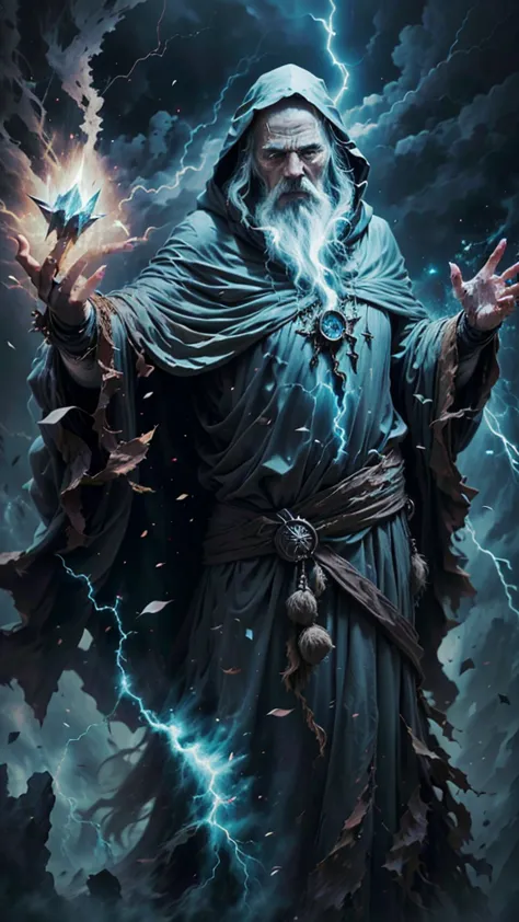 A majestic old mage with gray hair and beard, piercing blue eyes, wearing a large hooded dark robe, conjuring a powerful lightni...