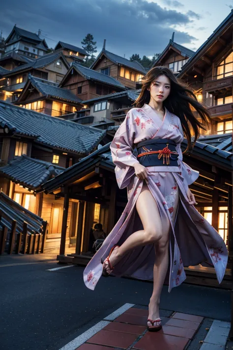 1woman,((((fullbody image)))),red kimono,((((flying)))),(((((flying over houses))))),huge hair,jumping(best quality,4k,8k,highre...