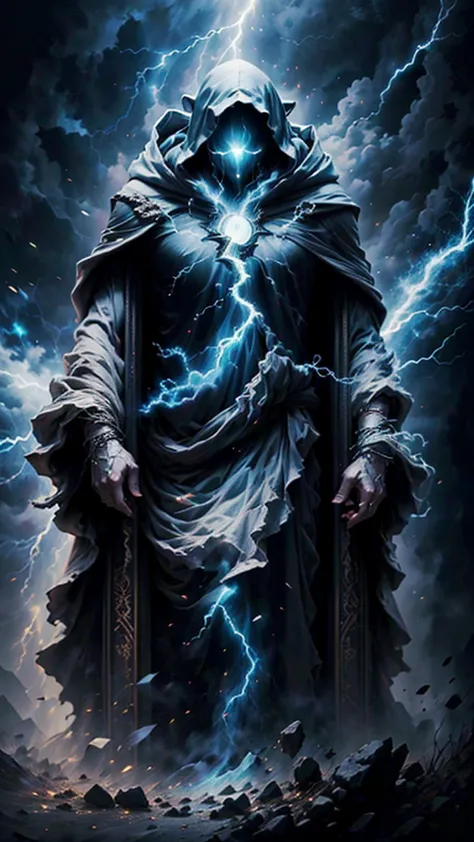 A majestic old mage with gray hair and beard, piercing blue eyes, wearing a large hooded dark robe, conjuring a powerful lightni...