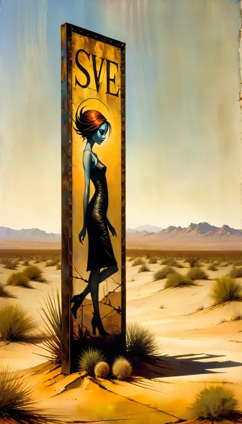 rusty metal advertising sign in an abandoned desert (Dave Mckean inspired art, intricate details, oil painting)
