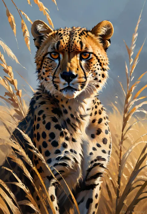 A Cheetah, by greg rutkowski, best quality, masterpiece, very aesthetic, perfect composition, intricate details, ultra-detailed