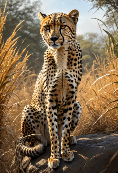 a cheetah, by greg rutkowski, best quality, masterpiece, very aesthetic, perfect composition, intricate details, ultra-detailed