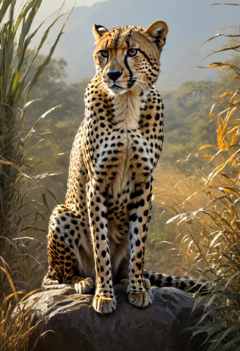 a cheetah, by greg rutkowski, best quality, masterpiece, very aesthetic, perfect composition, intricate details, ultra-detailed