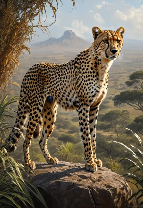 a cheetah, by greg rutkowski, best quality, masterpiece, very aesthetic, perfect composition, intricate details, ultra-detailed