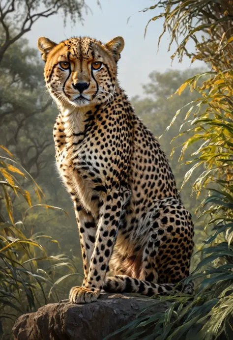 a cheetah, by greg rutkowski, best quality, masterpiece, very aesthetic, perfect composition, intricate details, ultra-detailed