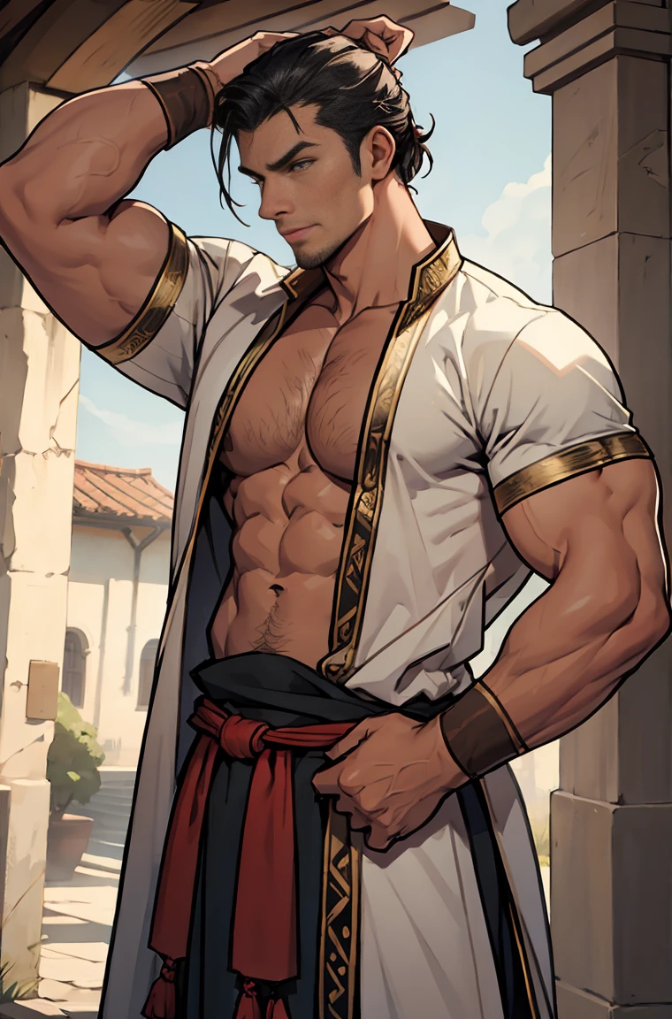 A ancestral, hot muscular male, ancestral clothes, exaggeratedly tall man 