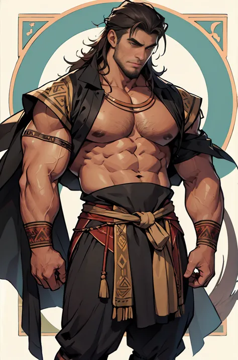 an ancestral, hot muscular male, ancestral clothes, exaggeratedly tall man, cavemen