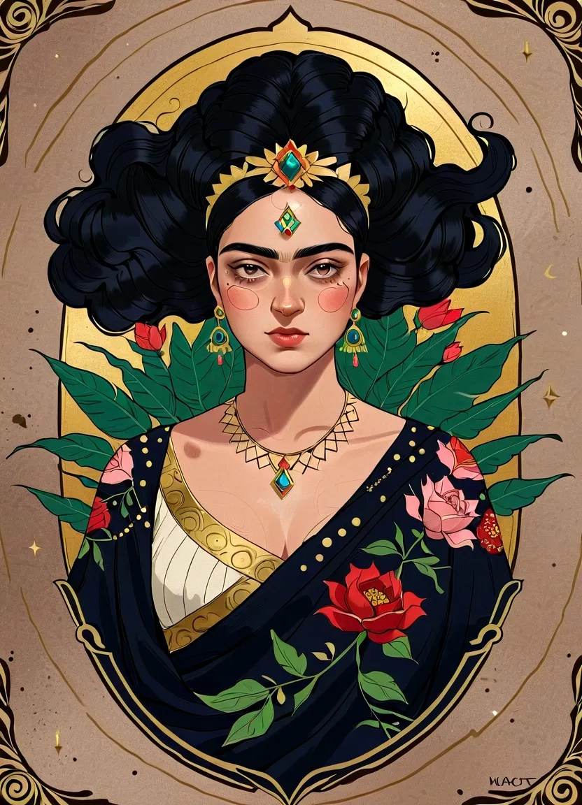 frida kahlo as a tarot card: score_9, score_8_up, score_7_up, score_6_up, score_5_up,  [ acocleopatra],[black hair],cleopatra fr...