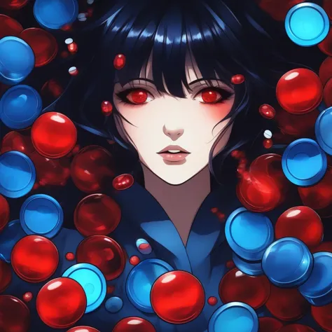 anime style, woman with red eyes, drunk, behind her several blue and red medicine capsules floating, dark image