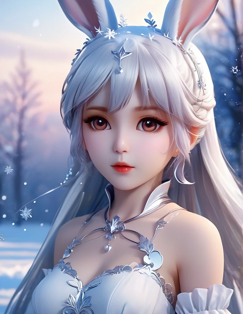 quality(8k wallpaper of extremely detailed CG unit, ​masterpiece, hight resolution, top-quality, top-quality real texture skin,hyper realisitic, digitial painting,increase the resolution,RAW photos，best qualtiy,highly detailed,the wallpaper),BREAK,8K, Chibi, rabbit ears, long white hair, white dress, snow, ice crystals, 