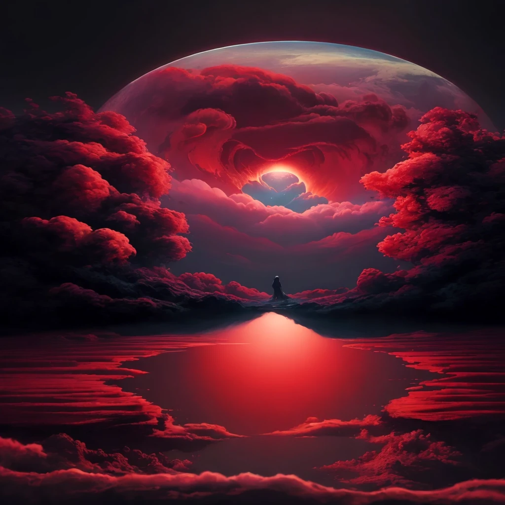 "Obra-prima surrealista. Qualidade excepcional. Detalhes surpreendentes. Surreal CG rendering of a dark red skull rising above a tranquil lake surrounded by red clouds, chinese temple, auto iluminado |, Large area of clouds and fog in luminous tones, celestial lighting, cosmic enlightenment, Experience the fusion of abstract and realistic elements. Cores vibrantes e contrastantes. Atmosfera misteriosa. Surrealist technique in the representation of objects and figures. Organic textures and shapes. Dreamlike inspiration. Amazing composition and perspective. Enter a surreal world full of surprises and emotions."