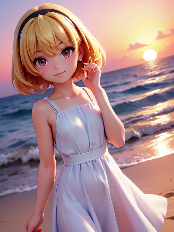 Satoko Hojo, One Girl, (blonde), Red eyes, short hair, hair band, Small breasts,  alone,Little, Little figure, Women watching the sunset on the beach。She is wearing a simple and beautiful evening dress..、The background features ocean waves and a sunset.。This dress is light, Fluttering material.、Shining in the light of the setting sun。