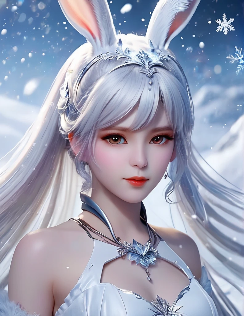 quality(8k wallpaper of extremely detailed CG unit, ​masterpiece, hight resolution, top-quality, top-quality real texture skin,hyper realisitic, digitial painting,increase the resolution,RAW photos，best qualtiy,highly detailed,the wallpaper),BREAK,8K, rabbit ears, long white hair, white dress, snow, ice crystals, 