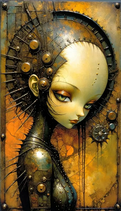 rusty smooth metal panel with screwed and welded parts (Dave Mckean inspired art, intricate details, oil painting)
