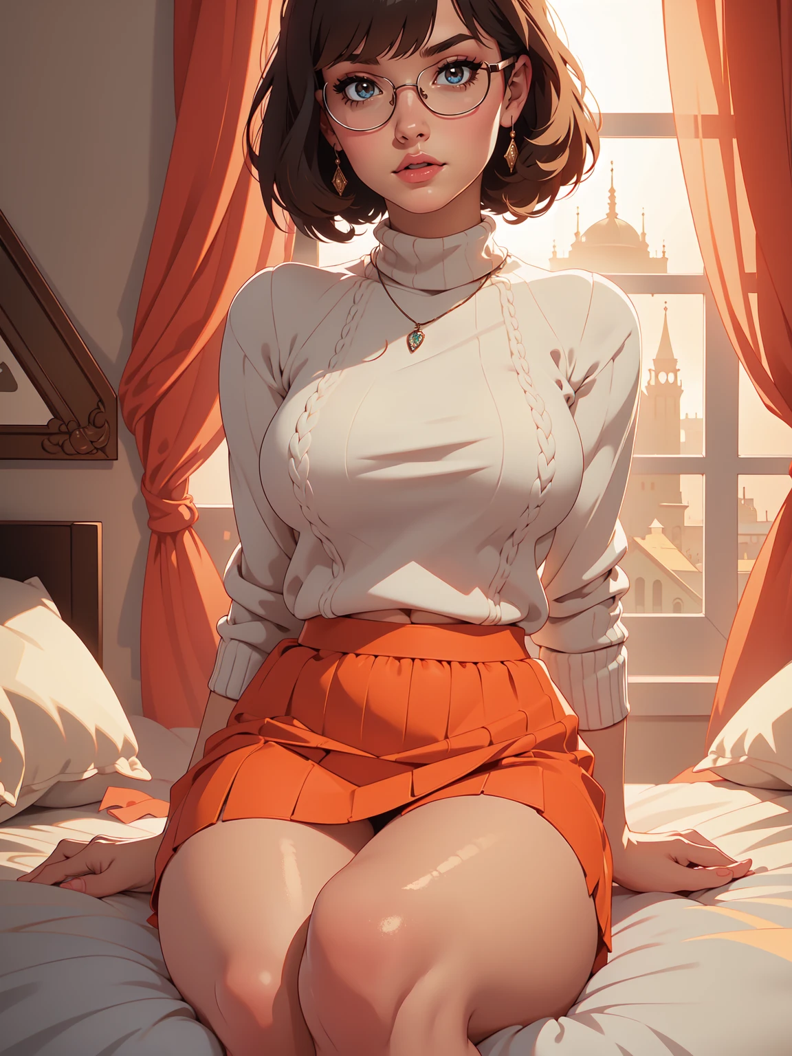 HD, 8k quality, masterpiece, Velma, dream girl huge , beautiful face, kissing lips, long bob hairstyle, long bangs, perfect makeup, realistic face, detailed eyes, diamond blue eyes, brunette hair, eyelashes, smile grin, bedroom, sitting on bed, showing cameltoe, eyes at viewer, orange knitted turtle neck sweater, clear lens glasses, red school girl skirt, view from below,