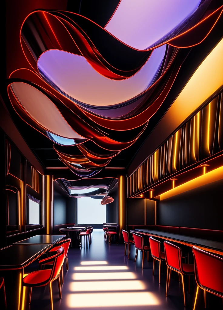 restaurant design, indoor, shimering light:1.3, Super sharp like photos taken with a professional camera, (Masterpiece,best quality,8k uhd,dslr,soft lighting,high quality,hyper detail,film grain,Fujifilm XT3, UE 5 render 8k, super high resolution, supper detail:1.2), color block wall decor, abtract poster decor, glossy floor, (((volumetric light))), Sharp focus bokeh:1.3