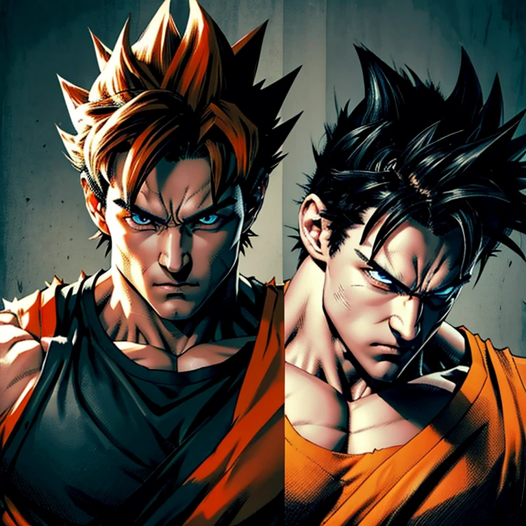 Son goku, a messy spiky black hairstyle, dark-colored eyes, and facial features, softer cute eyes, but an expression of determination on his face, a kind demeanor, and a lighter-pale skin, strong, defined muscles,  pale orange and dark blue clothing, Tough man, badass pose  