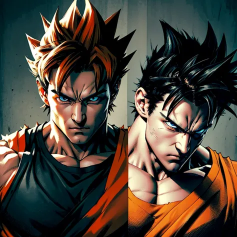 Son goku, a messy spiky black hairstyle, dark-colored eyes, and facial features, softer cute eyes, but an expression of determin...