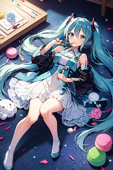Hatsune Miku, royal dress with embroidered swirls, smile, candy land, holding a lollipop scepter, long hair, masterpiece, high-q...