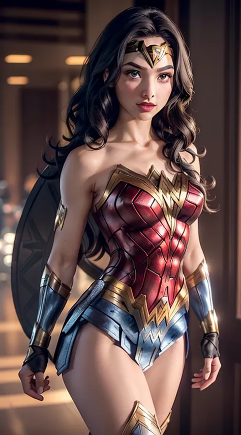 ((solo, wonder woman, (gal gadot, dark purple eyes, black hair, long hair), high definition，lipstick, extremely detailed, ambien...