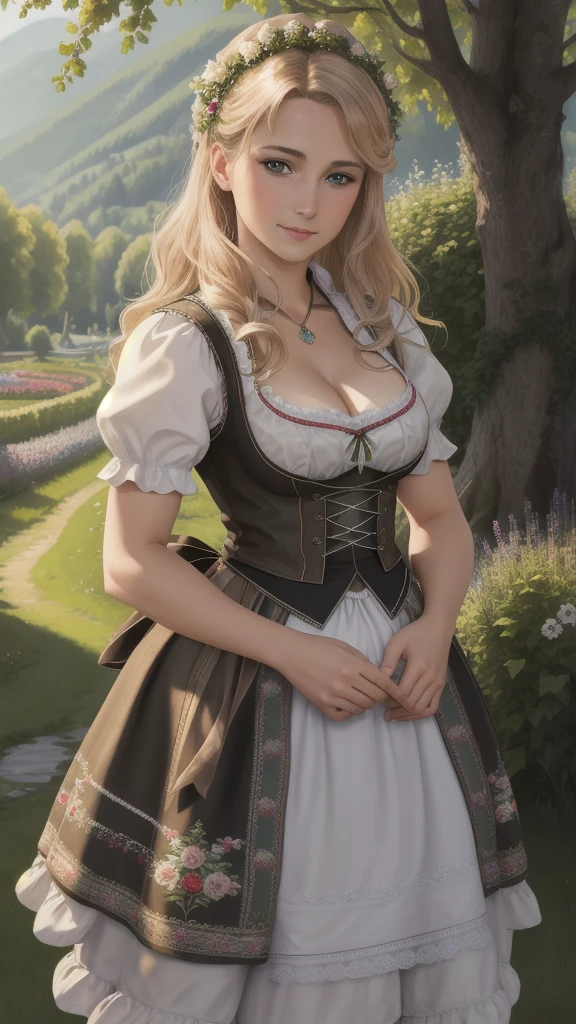 Meisterwerk, absurdesten, Feines Detail, HDR, sehr detailliertes Gesicht und Augen, fotorealistisch,  dirndl, eine Frau in traditioneller bayerischer Kleidung posiert für ein Foto , deutsche Frau, ein Dirndl tragen