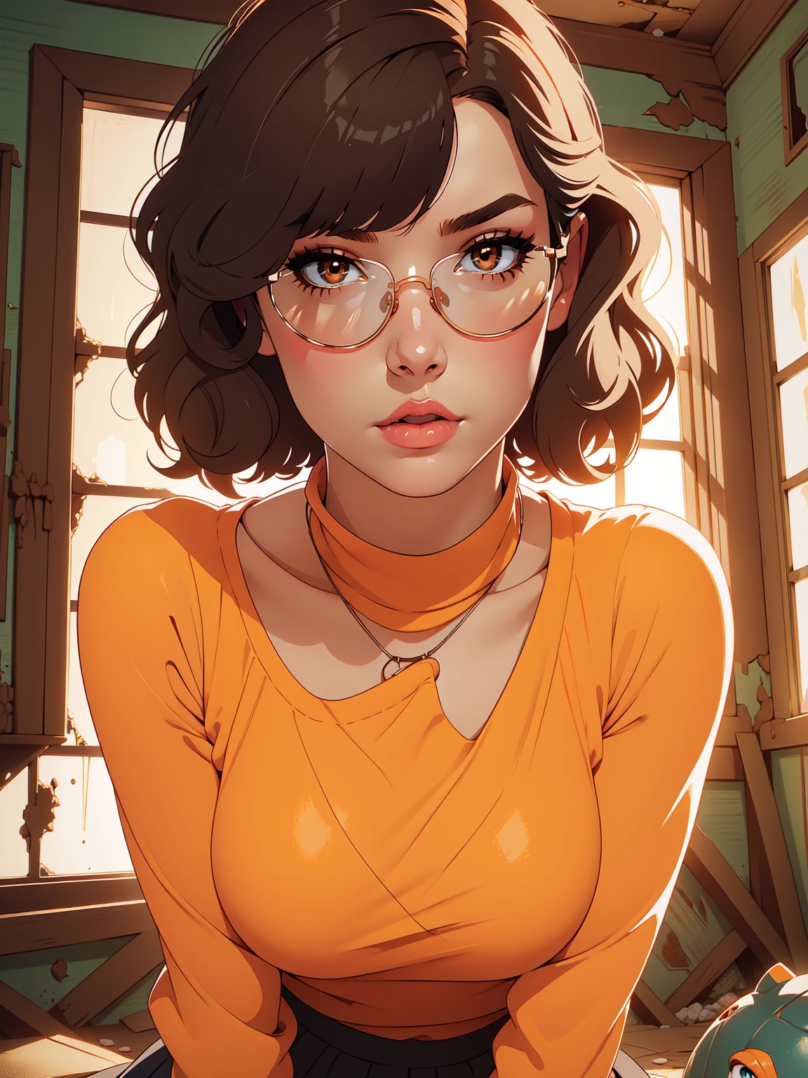 HD, 8k quality, masterpiece, Velma, dream girl huge , beautiful face, kissing lips, short bob hairstyle, long bangs, perfect makeup, realistic face, detailed eyes, diamond blue eyes, brunette hair, eyelashes, scared, cameltoe, eyes at viewer, orange knitted turtle neck sweater, clear lens glasses, orange school girl skirt, view from below, blush, (in abandoned house:1.4)