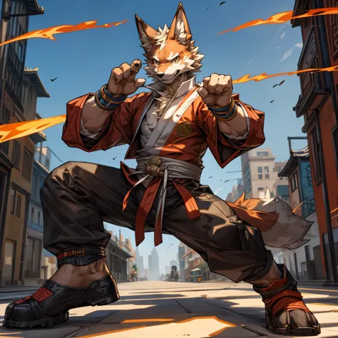 masterpiece,High quality,furry,One person,(Coyotes that use kung fu),China town,pose like an action movie,perfect background