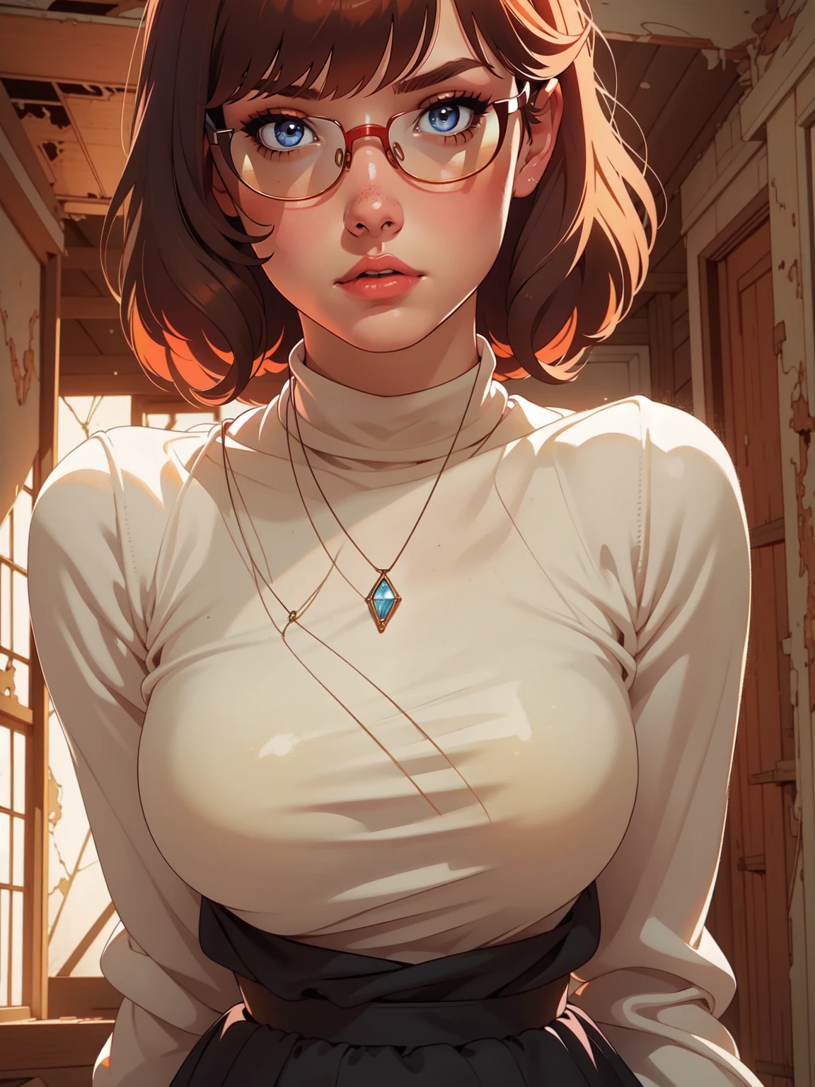 HD, 8k quality, masterpiece, Velma, dream girl huge , beautiful face, kissing lips, short bob hairstyle, long bangs, perfect makeup, realistic face, detailed eyes, diamond blue eyes, brunette hair, eyelashes, (scared:1.4), cameltoe, eyes at viewer, orange turtleneck knit sweater, clear lens glasses, orange school girl skirt, view from below, blush, (in abandoned house:1.4)