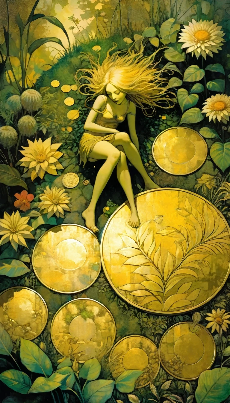 nine large gold coins on the ground of a lush garden among plants and flowers (Dave Mckean inspired art, intricate details, oil painting) 
