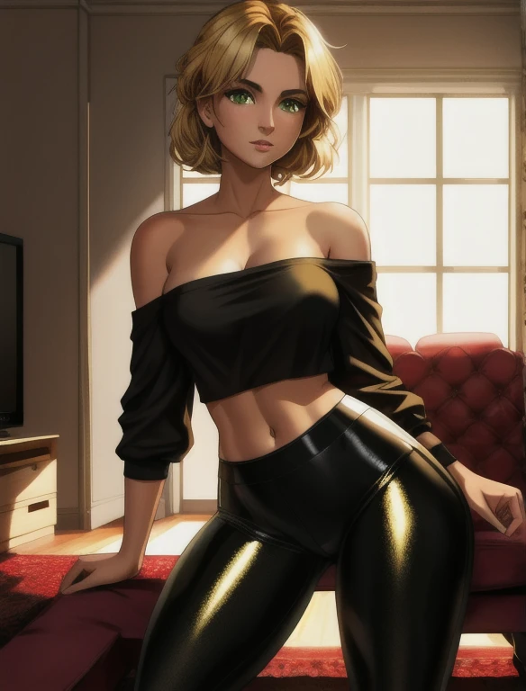 (masterpiece,best quality,absurdres,beautiful,aesthetic,detailed),cinematic angle, (Detailed face:1.2), (Detailed eyes:1.2), (Hourglass figure:1.2), 1girl, solo, 36-years-old, tan olive skin, short blonde hair, pony tail hair style, green eyes, approximately 5'2" tall, ((Wearing a yellow off-shoulder top and shiny black leggings)), standing in the middle of the living room, couch, TV, carpet, relaxed atmosphere, cinematic lighting, detailed background,
