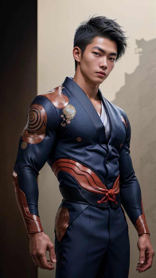 1boy, 18yo, asian, boyfish face, (thin face), short hair, deep dark tanned skin, ambitious eyes, aggresive, athletic, in ancient japanese Palace, futuristic japanese clothing, advanced japanese suit,  (masterpiece:1.2), (best quality:1.2), (extremely detailed:1.2), (extremely detailed face), (detailed background), (ultra detailed), realistic, 1male, 1boy, handsome,