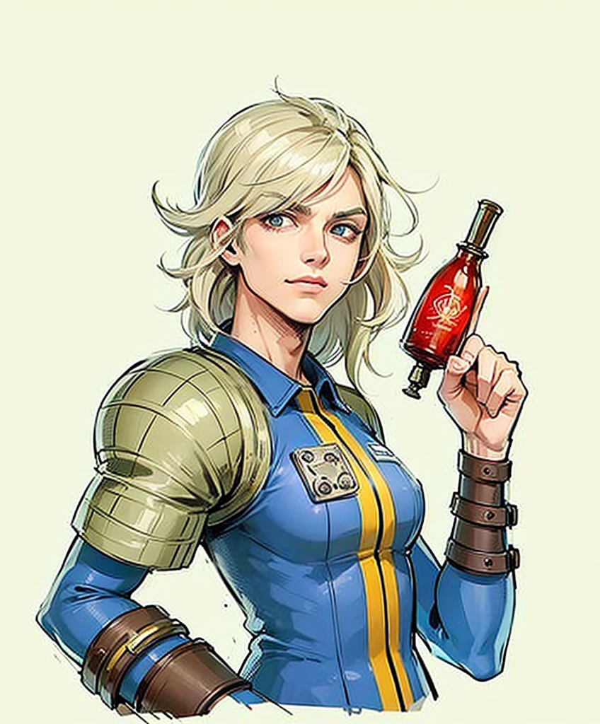 Create a detailed digital artwork of a male Vault Dweller from the Fallout universe. He has long platinum blonde hair, fair skin, and is extremely handsome. He is wearing the classic blue Vault jumpsuit, with the number visible on the back. The art should be in a realistic style, with attention to details and textures.The scene is set inside a vault with retro-futuristic lighting, highlighting neon lights and soft shadows. The background should include typical vault elements such as metallic panels, security doors, and piping, with a color palette in shades of blue and gray. The character's face and hair should be especially detailed, reflecting the ambient lighting to create a dramatic and realistic effect.