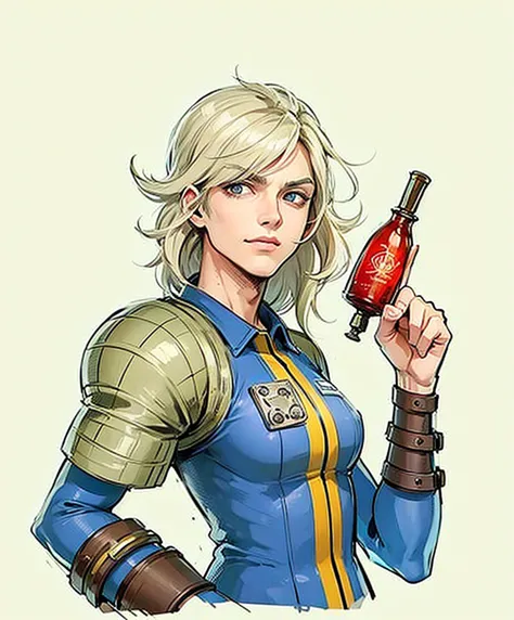 Create a detailed digital artwork of a male Vault Dweller from the Fallout universe. He has long platinum blonde hair, fair skin...