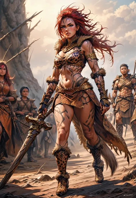 (best quality,ultra-detailed),(realistic:1.37), full body shot, scene:sexy muscled female barbarian,red long hair,sexy barbarian...