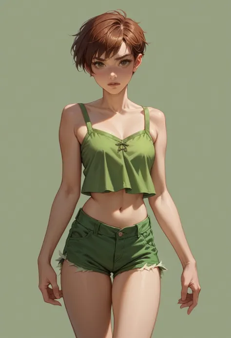 female peter pan short hair, shaggy belly hair, green mini shorts