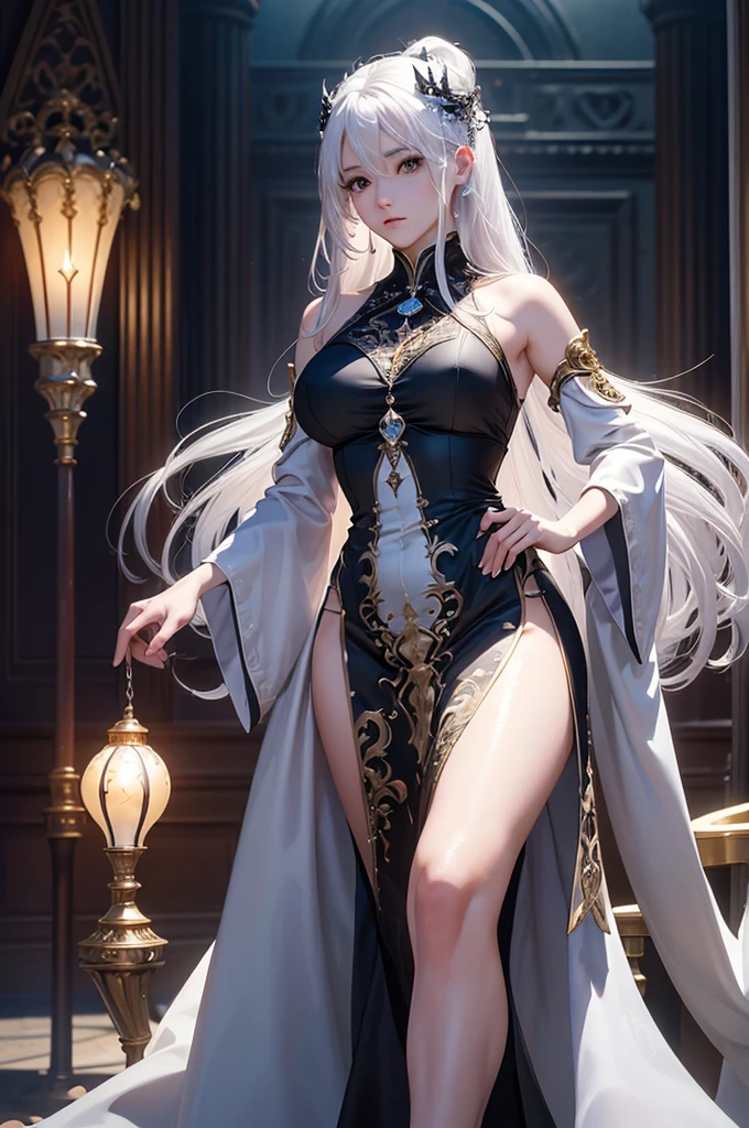 ((masterpiece:1.5,Highest quality,Highly detailed images,Beautiful images、Realistic、Photorealistic、2.5D))(1girl, solo)(medium breasts, white hair, black eyes, Healthy legs、Tight ass、Beautiful cleavage)(Fantasy dresses、Fantasy Costume: Battle Dress from Another World)(wind, floating hair)(Inside the castle、Audience Chamber）
