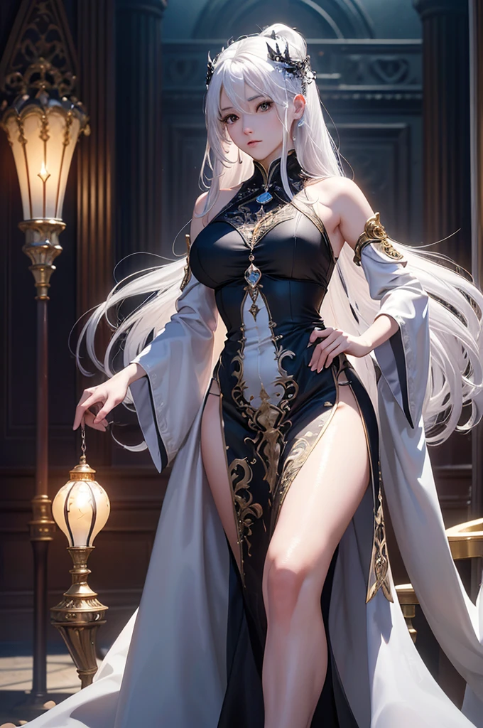 ((masterpiece:1.5,Highest quality,Highly detailed images,Beautiful images、Realistic、Photorealistic、2.5D))(1girl, 独奏)(medium breasts, white hair, black eyes, Healthy legs、Tight ass、Beautiful cleavage)(Fantasy dresses、Fantasy Costume: Battle Dress from Another World)(wind, floating hair)(Inside the castle、Audience Chamber）
