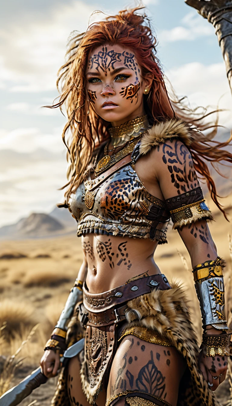 (best quality,ultra-detailed),(realistic:1.37), full body shot, scene:sexy muscled female barbarian,red long hair,sexy barbarian armor outfit, lots of cheetah fur details, six packs,detailed chetah fur tunic under armor, cheetah tattoo, scouting plain nearby on savana ,medium:oil painting,material:fine canvas,additional details:gorgeous golden accessories,jewelry, cheetah leather boots, cheetah fur coat ,art style:fantasy,colors:rich and vibrant,lighting:soft golden sunlight