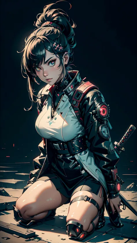 hyperrealistic version of a woman kneeling down with a sword in her hand, very beautiful cyberpunk samurai, anime cyberpunk art,...