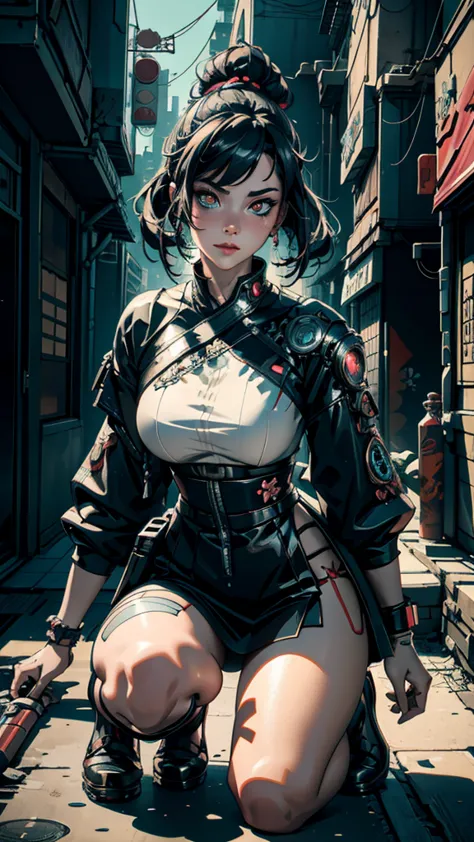 hyperrealistic version of a woman kneeling down with a sword in her hand, very beautiful cyberpunk samurai, anime cyberpunk art,...