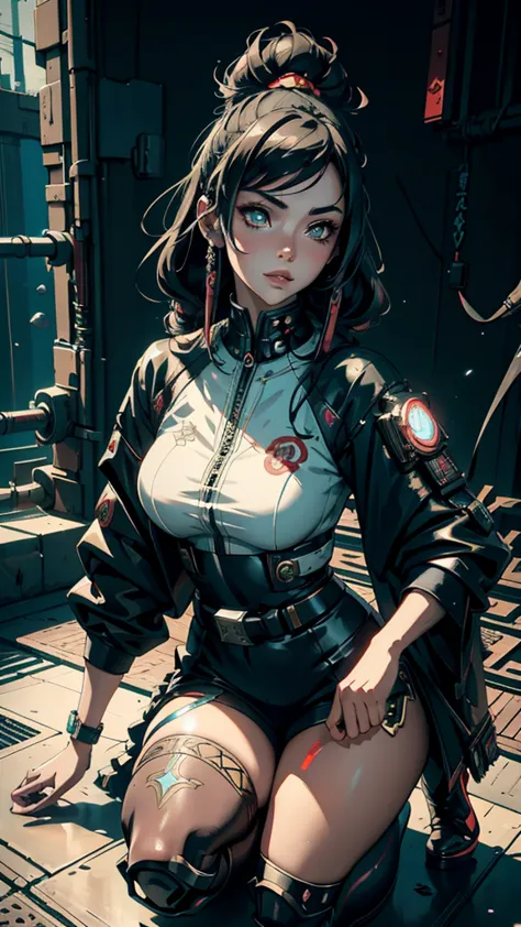 hyperrealistic version of a woman kneeling down with a sword in her hand, very beautiful cyberpunk samurai, anime cyberpunk art,...