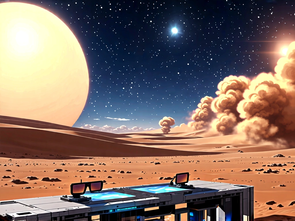  anime aestetics, science fictional landscape, bright day, space station on deserted planet, a futuristic building, a lot of creates around, two suns, double glares, hologram table, dust in the air, sandstorm far at the background, wide shot, atmospheric perspective, perspective, 4K, 8k, highres, best quality, award winning, super detail, accurate, masterpiece, UHD